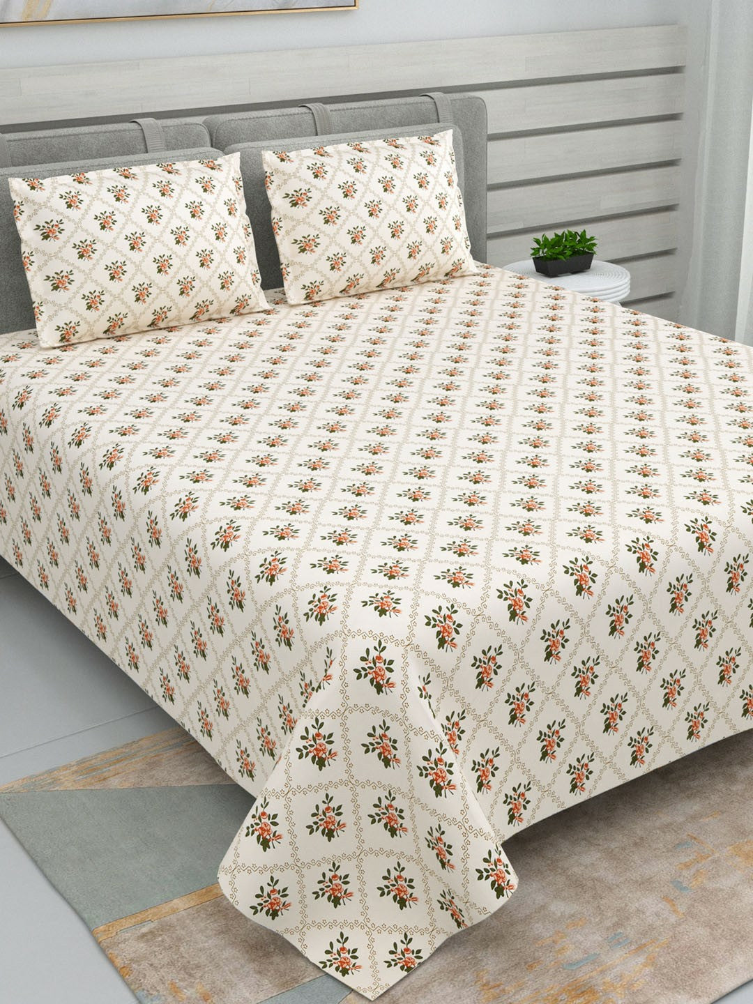 White & Green Floral Super King Bedsheet Set – 220 TC Cotton Flat Sheet with 2 Pillow Covers