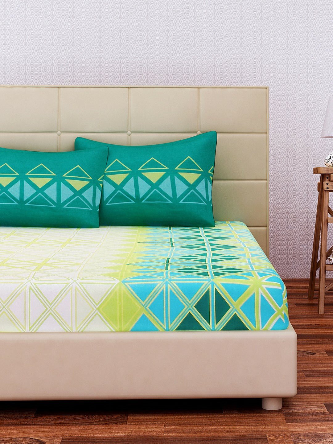 Off-White & Sea Green Geometric King-Size Bedsheet Set – 100% Cotton, Soft & Breathable (144 TC)