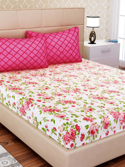 White & Pink Floral King Size Bedsheet Set – 100% Cotton, Soft & Breathable (144 TC)