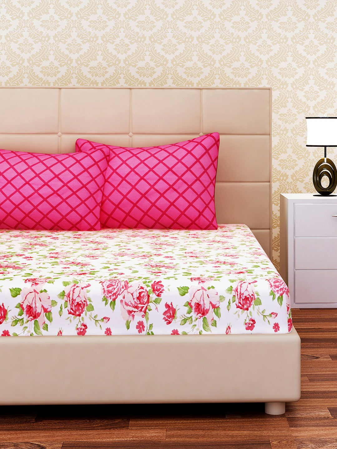 White & Pink Floral King Size Bedsheet Set – 100% Cotton, Soft & Breathable (144 TC)