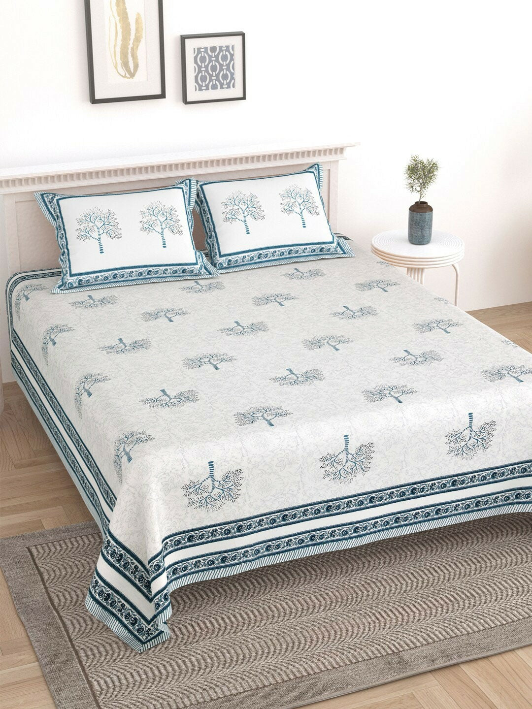 Blue & White Geometric Printed Cotton King Size Bedsheet – 210 TC | 1 Bedsheet & 2 Pillow Covers