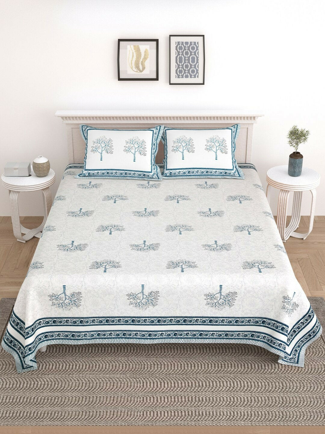 Blue & White Geometric Printed Cotton King Size Bedsheet – 210 TC | 1 Bedsheet & 2 Pillow Covers