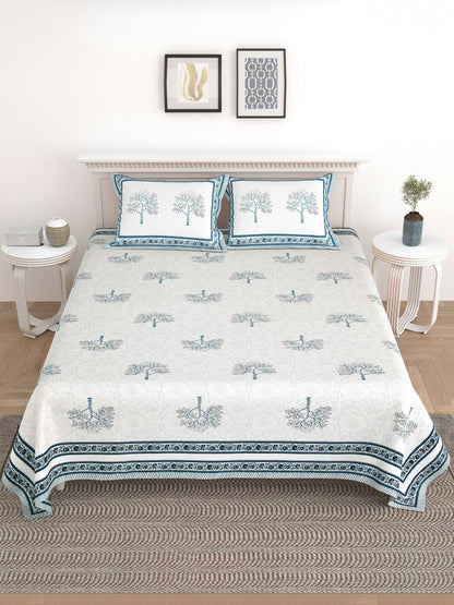 Blue & White Geometric Printed Cotton King Size Bedsheet – 210 TC | 1 Bedsheet & 2 Pillow Covers