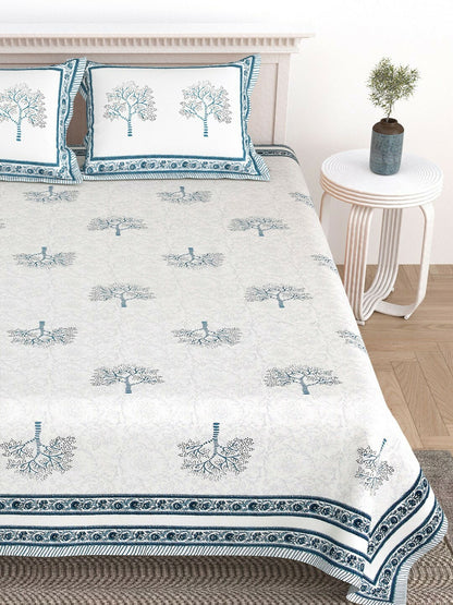 Blue & White Geometric Printed Cotton King Size Bedsheet – 210 TC | 1 Bedsheet & 2 Pillow Covers