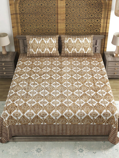 White & Brown Ethnic Motif Cotton Bedsheet – Double King Size | 210 TC | 1 Bedsheet + 2 Pillow Covers