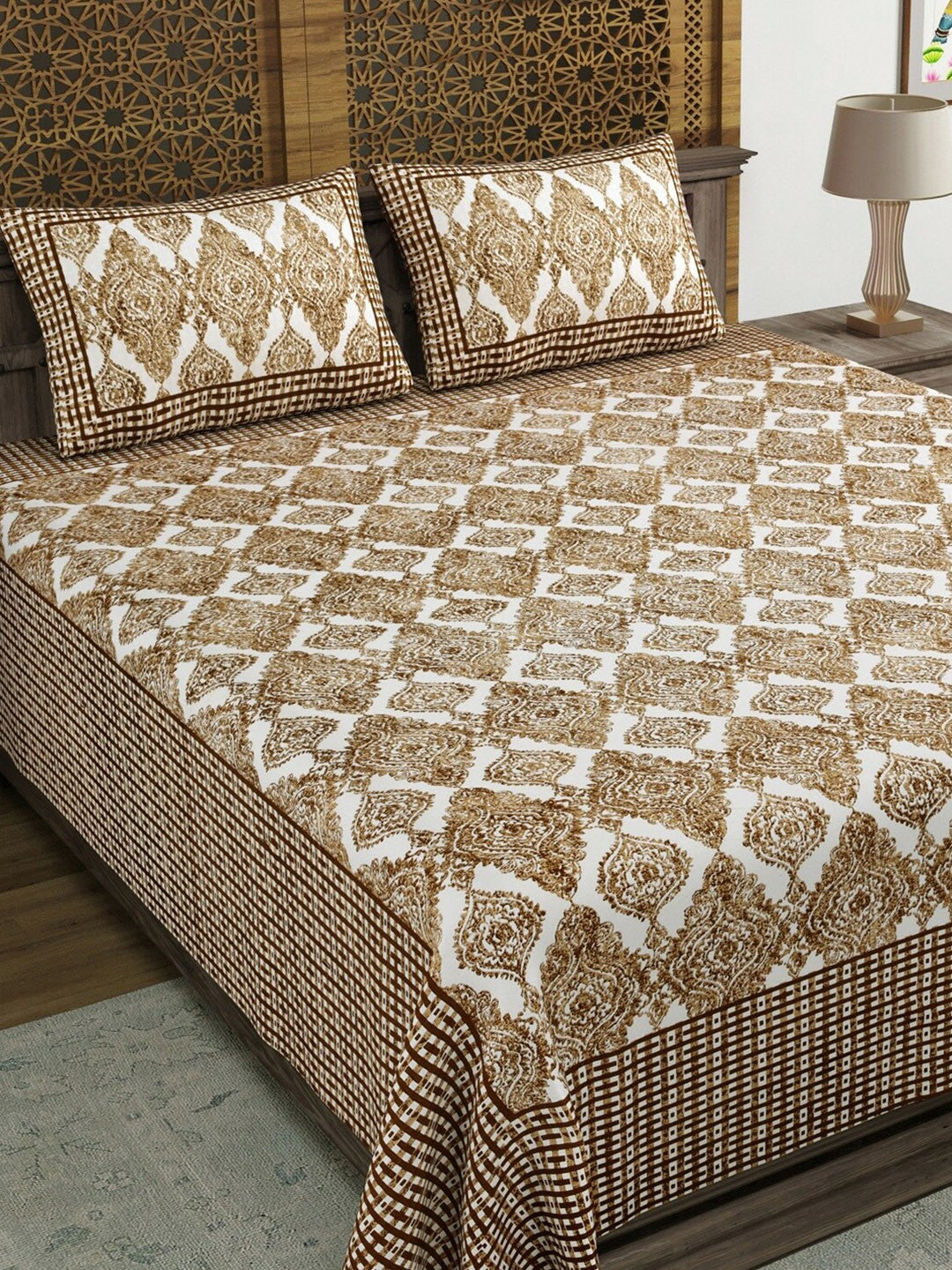 White & Brown Ethnic Motif Cotton Bedsheet – Double King Size | 210 TC | 1 Bedsheet + 2 Pillow Covers