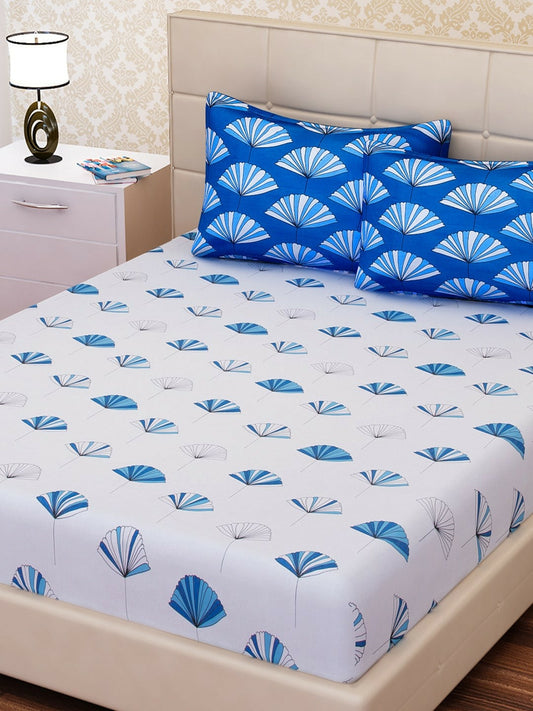 White & Blue Conversational Print King Bedsheet Set – 144 TC Cotton Blend with 2 Pillow Covers