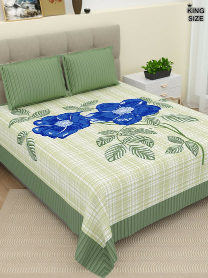 Super King Size Floral Bedsheet Set – 220 TC Cotton | Green & Blue | 2 Pillow Covers