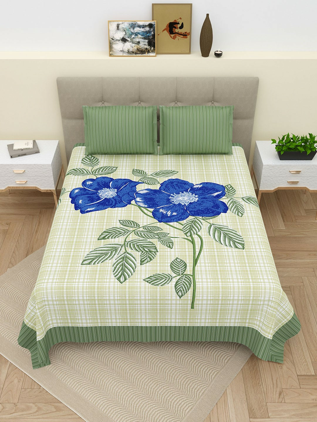 Super King Size Floral Bedsheet Set – 220 TC Cotton | Green & Blue | 2 Pillow Covers