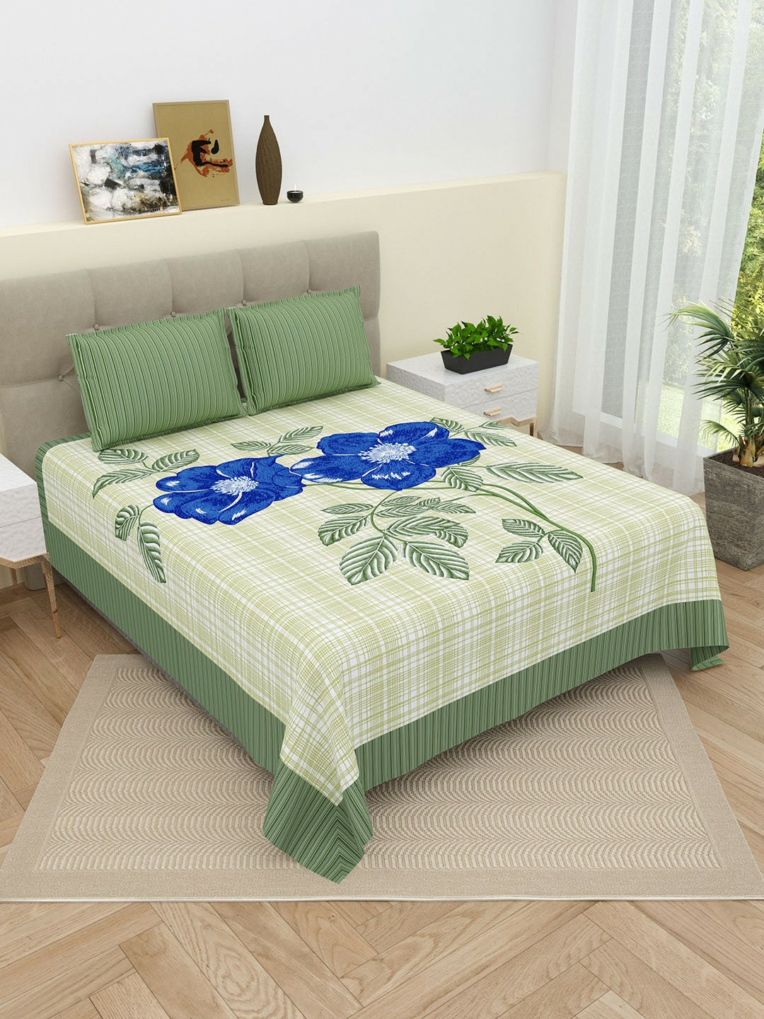 Super King Size Floral Bedsheet Set – 220 TC Cotton | Green & Blue | 2 Pillow Covers