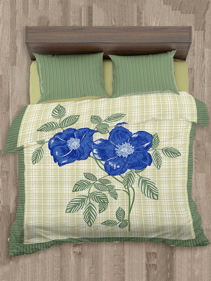 Super King Size Floral Bedsheet Set – 220 TC Cotton | Green & Blue | 2 Pillow Covers