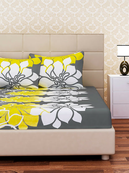 Grey, White & Yellow Floral King Size Bedsheet Set – 144 TC Cotton with 2 Pillow Covers