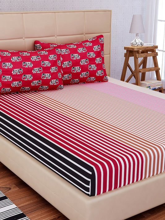 Red & Brown Striped Double Bedsheet Set – Soft Cotton Blend with 2 Pillow Covers (144 TC)