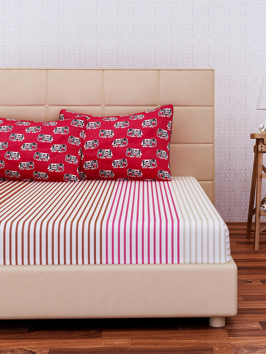 Red & Brown Striped Double Bedsheet Set – Soft Cotton Blend with 2 Pillow Covers (144 TC)