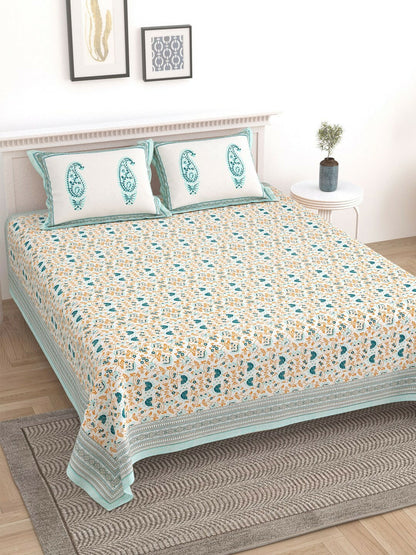 Handmade Turquoise Blue & White Geometric Printed Cotton King-Size Bedsheet – 210 TC with 2 Pillow Covers