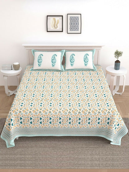 Handmade Turquoise Blue & White Geometric Printed Cotton King-Size Bedsheet – 210 TC with 2 Pillow Covers