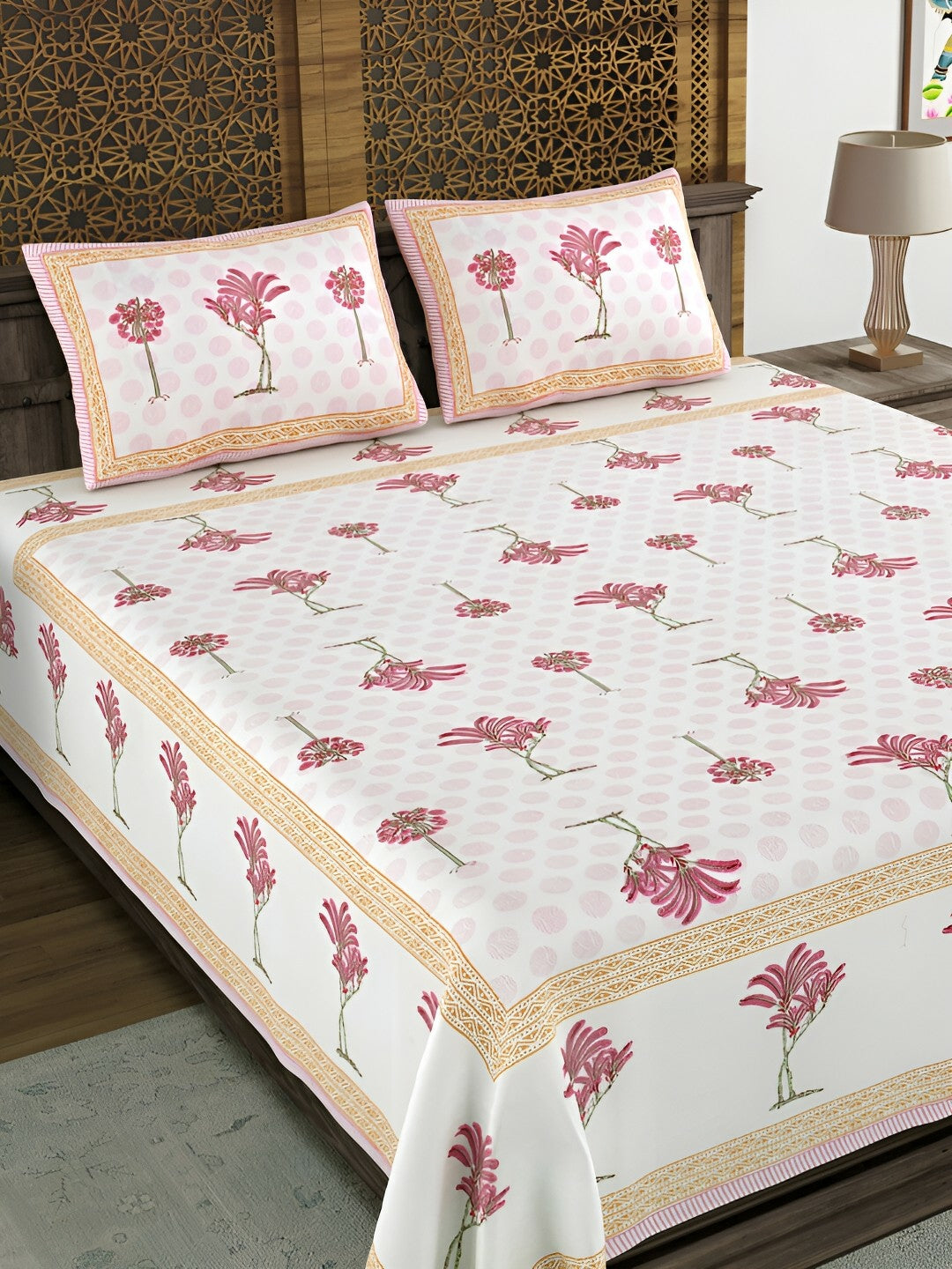 Pink & White Floral Printed Super King Bed Sheet Set – 100% Cotton, 180 TC