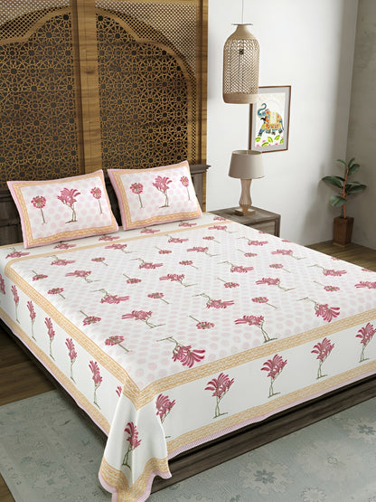 Pink & White Floral Printed Super King Bed Sheet Set – 100% Cotton, 180 TC