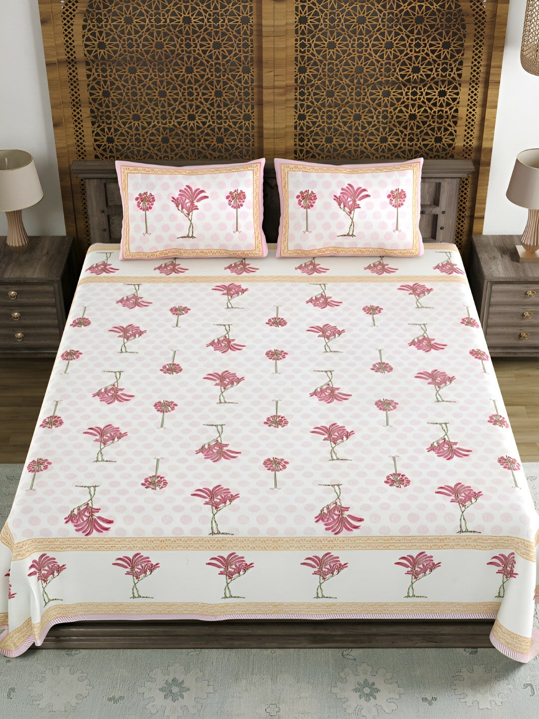 Pink & White Floral Printed Super King Bed Sheet Set – 100% Cotton, 180 TC