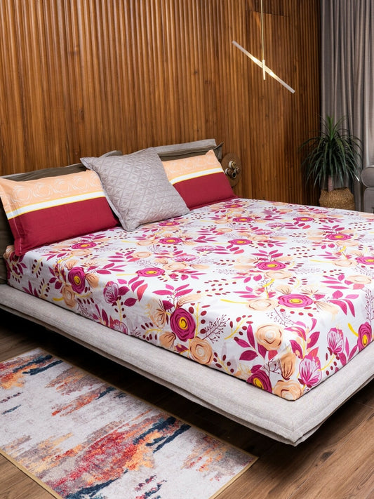 Pink Floral Queen Bedsheet Set – Soft Cotton Blend with 2 Pillow Covers | 144 TC