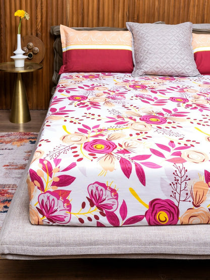 Pink Floral Queen Bedsheet Set – Soft Cotton Blend with 2 Pillow Covers | 144 TC