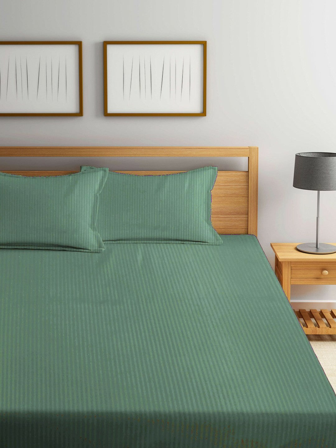 Luxury 300 TC King Size Green Striped Bedsheet Set – Soft & Premium Cotton with 2 Pillow Covers