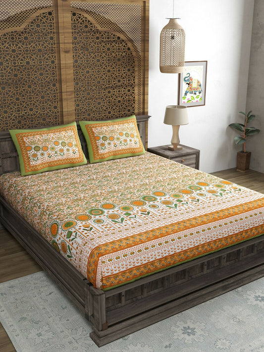 Premium Cotton Printed King-Size Bedsheet Set – 210 TC | Green, Orange & White | 1 Bedsheet + 2 Pillow Covers