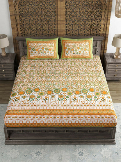 Premium Cotton Printed King-Size Bedsheet Set – 210 TC | Green, Orange & White | 1 Bedsheet + 2 Pillow Covers