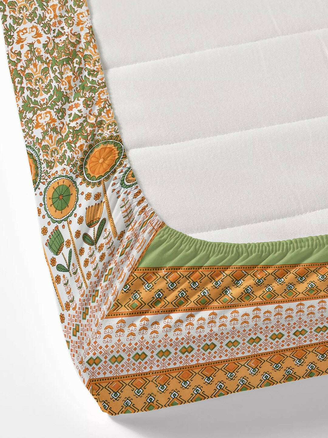 Premium Cotton Printed King-Size Bedsheet Set – 210 TC | Green, Orange & White | 1 Bedsheet + 2 Pillow Covers