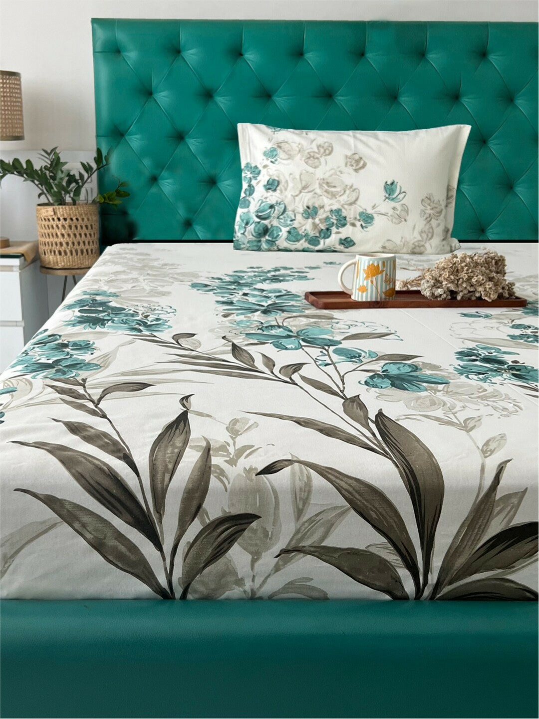 Turquoise Blue & Grey 200 TC Flat Sheet – Single Bed Cotton Bedsheet with Pillow Cover