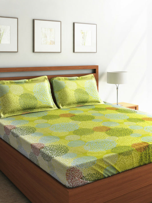 Green Leaf Print Cotton Bedsheet Set – Queen Size (160 TC) with 2 Pillow Covers