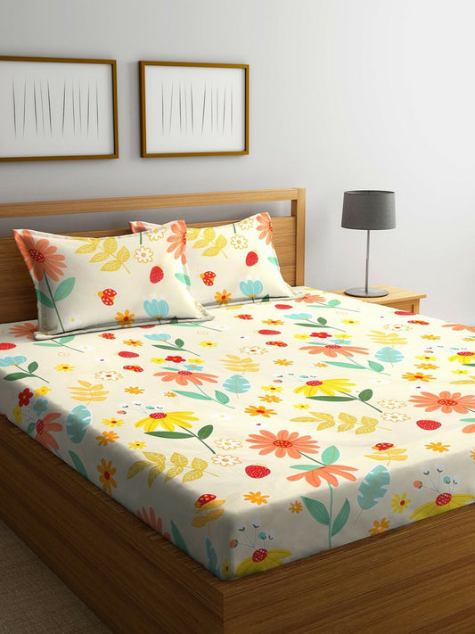 Luxury 300 TC King Size Bedsheet Set – Yellow & Red Floral Print with 2 Pillow Covers