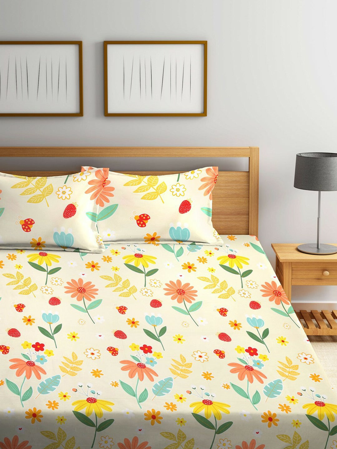 Luxury 300 TC King Size Bedsheet Set – Yellow & Red Floral Print with 2 Pillow Covers