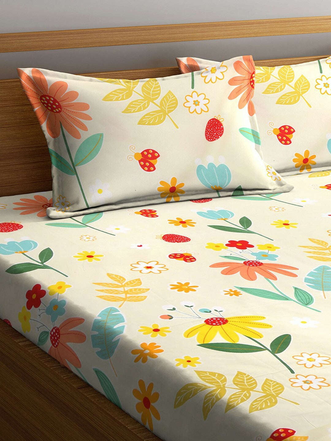 Luxury 300 TC King Size Bedsheet Set – Yellow & Red Floral Print with 2 Pillow Covers