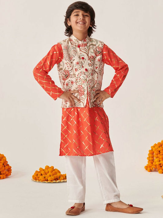 Boys Floral Printed Kurta with Pyjama & Jacket – Ethnic Indian Outfit for Weddings & Festivals