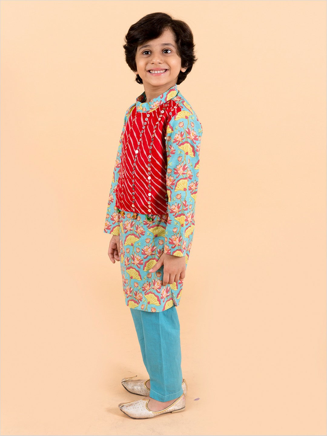 Sea Green Printed Kurta with Pyjama Set – Pure Cotton Ethnic Wear for Boys