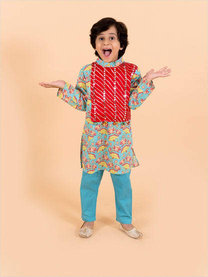 Sea Green Printed Kurta with Pyjama Set – Pure Cotton Ethnic Wear for Boys