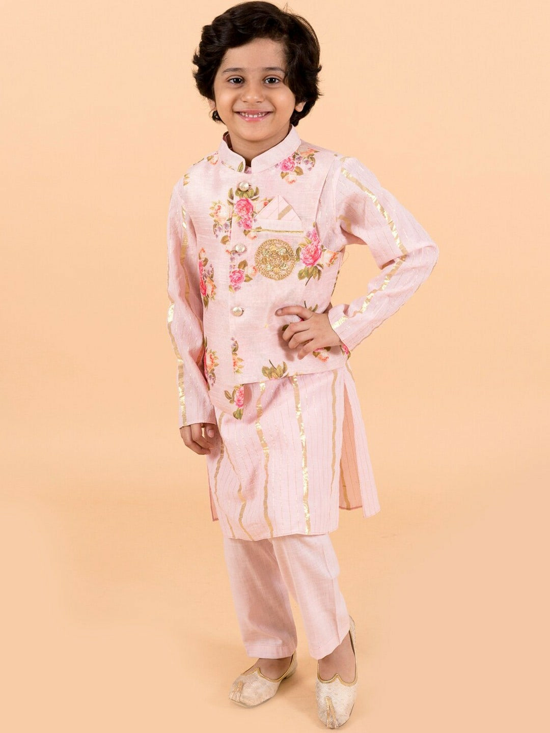 Buy Boys Pink Floral Kurta Set with Nehru Jacket – Ethnic Wear for Weddings & Festivals | Indiaista