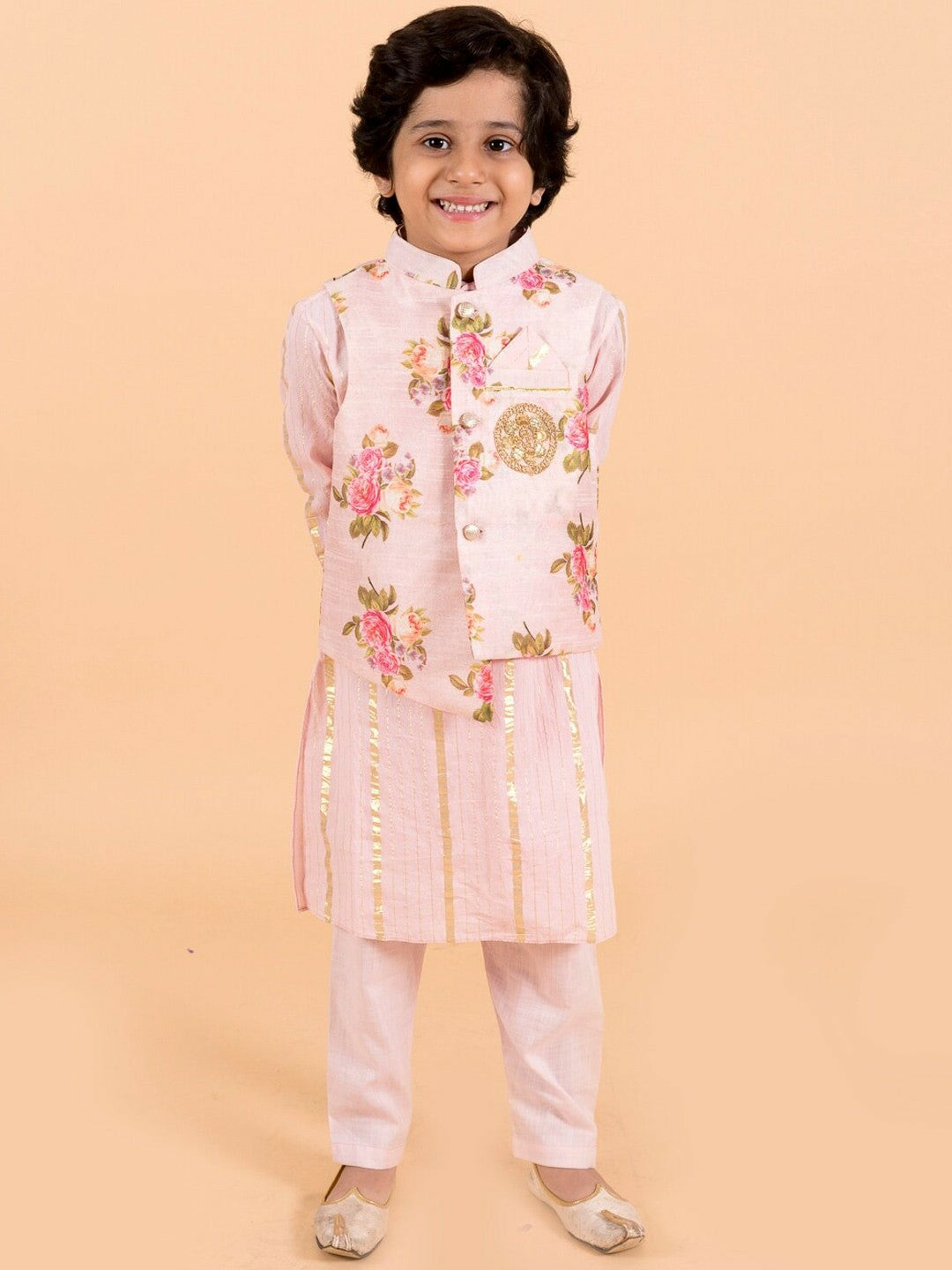 Buy Boys Pink Floral Kurta Set with Nehru Jacket – Ethnic Wear for Weddings & Festivals | Indiaista