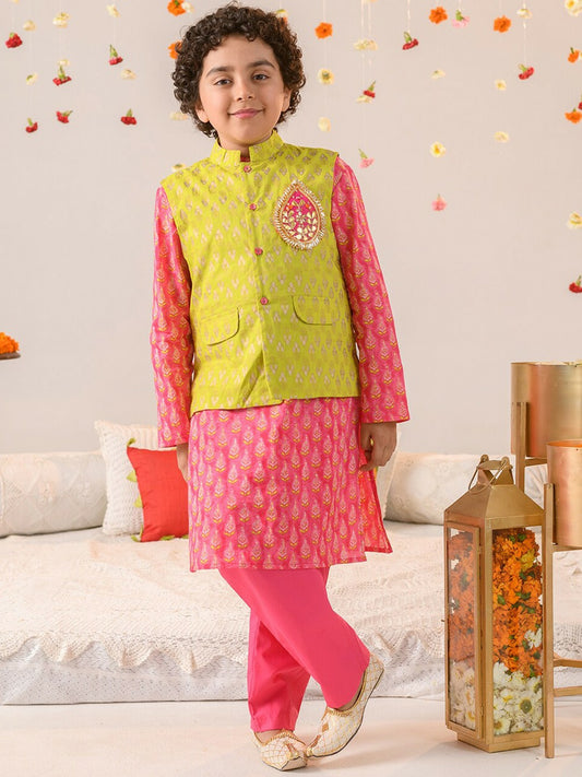 Boys Green Printed Kurta with Pyjama & Nehru Jacket – Ethnic Indian Outfit for Weddings & Festivals