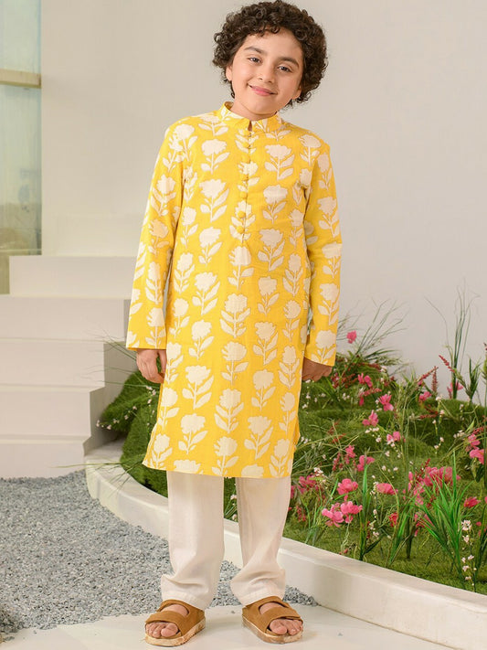 Boys Yellow & White Floral Printed Kurta with Pyjama – Pure Cotton Ethnic Wear for Festivals & Weddings