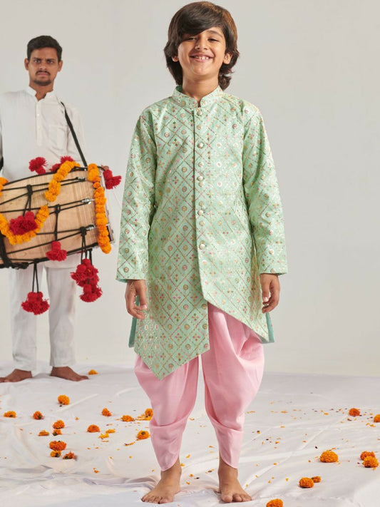 Green Embroidered Kurta with Dhoti Pants – Boys Ethnic Wear for Weddings & Festivals