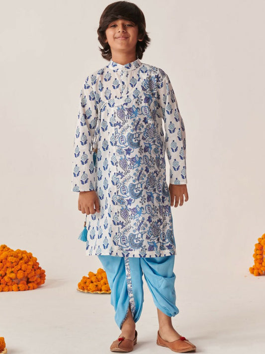 Boys Blue Printed Kurta with Dhoti Pants – Traditional Indian Ethnic Wear for Weddings & Festivals