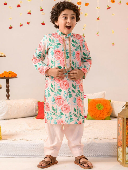 Boys Floral Printed Pure Cotton Kurta with Pyjamas – Ethnic Wear for Festivals & Weddings