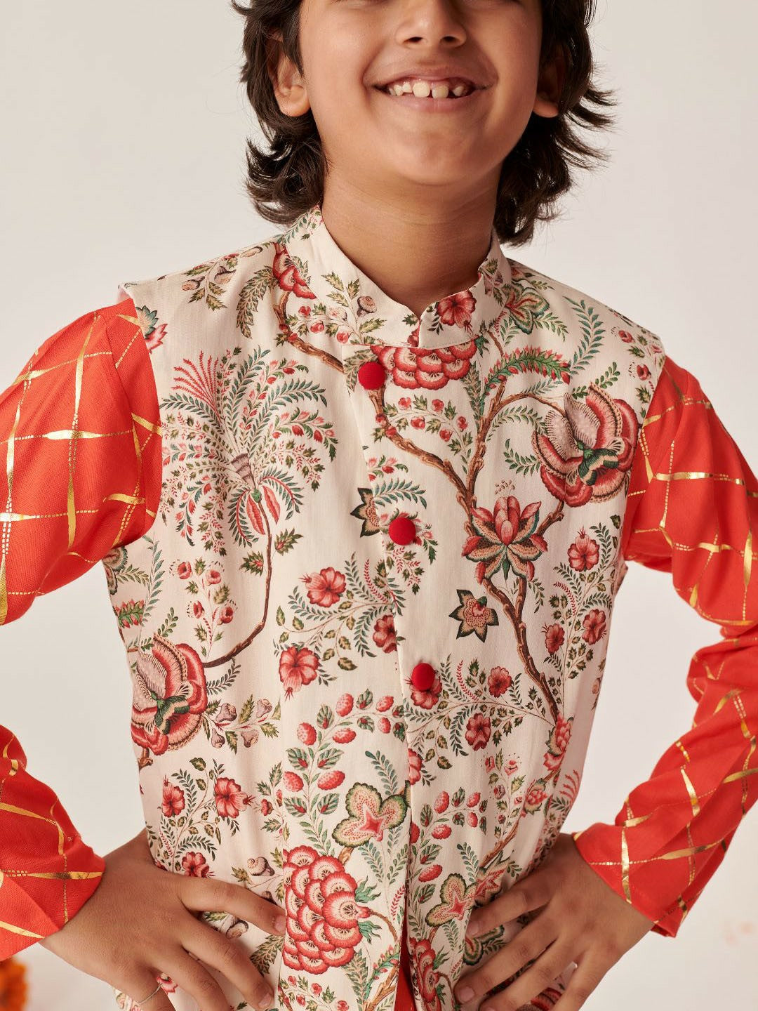 Boys Floral Printed Kurta with Pyjama & Jacket – Ethnic Indian Outfit for Weddings & Festivals