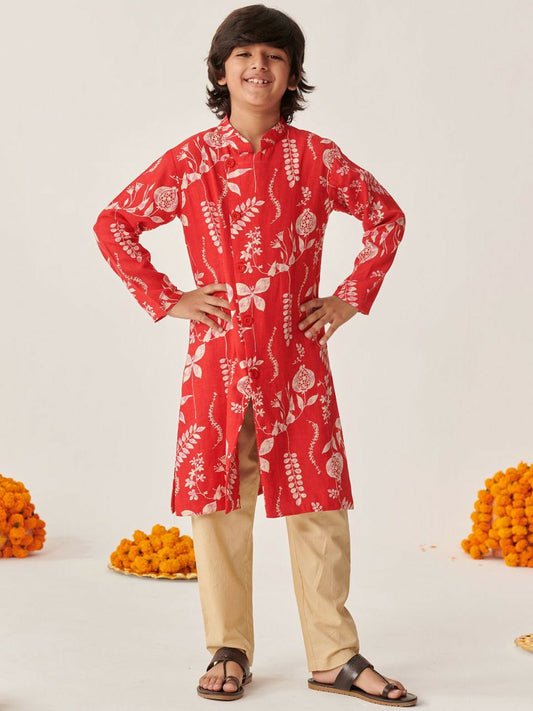 Boys Floral Printed Angrakha Kurta with Pyjama – Ethnic Indian Outfit for Weddings & Festivals