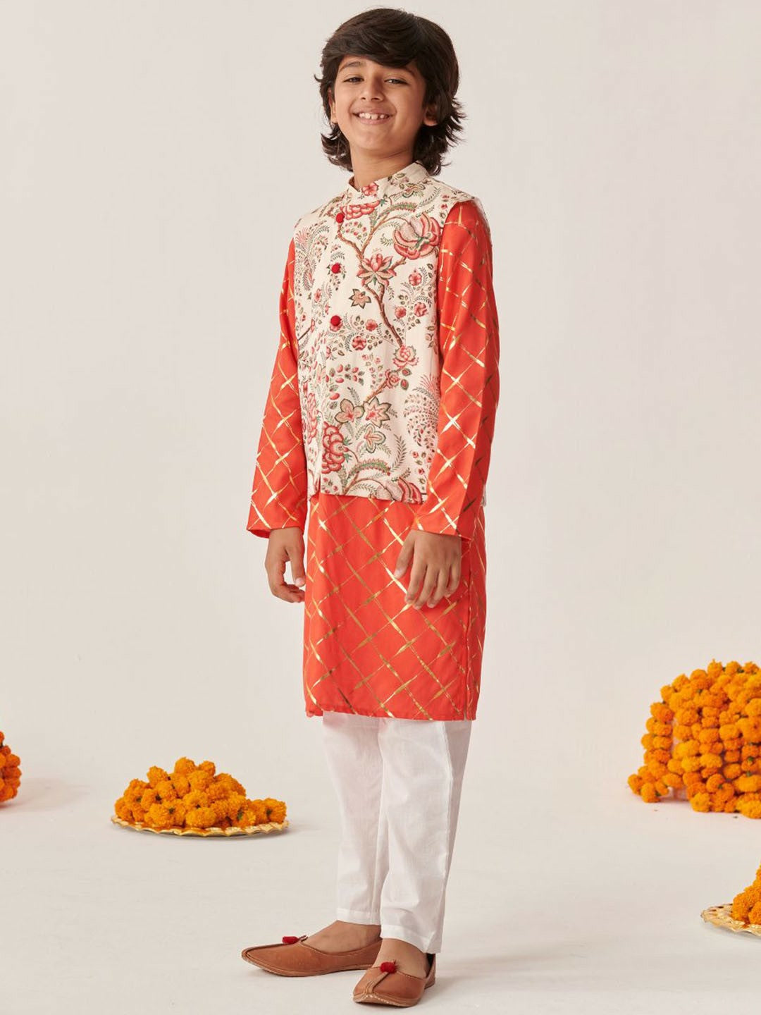 Boys Floral Printed Kurta with Pyjama & Jacket – Ethnic Indian Outfit for Weddings & Festivals