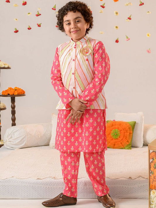 Pink Printed Kurta with Pyjamas & Nehru Jacket – Ethnic Wear for Boys | Pure Cotton