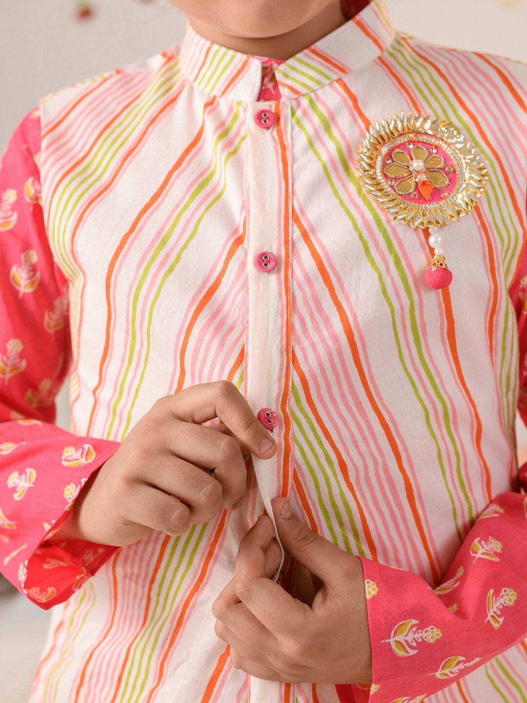 Pink Printed Kurta with Pyjamas & Nehru Jacket – Ethnic Wear for Boys | Pure Cotton