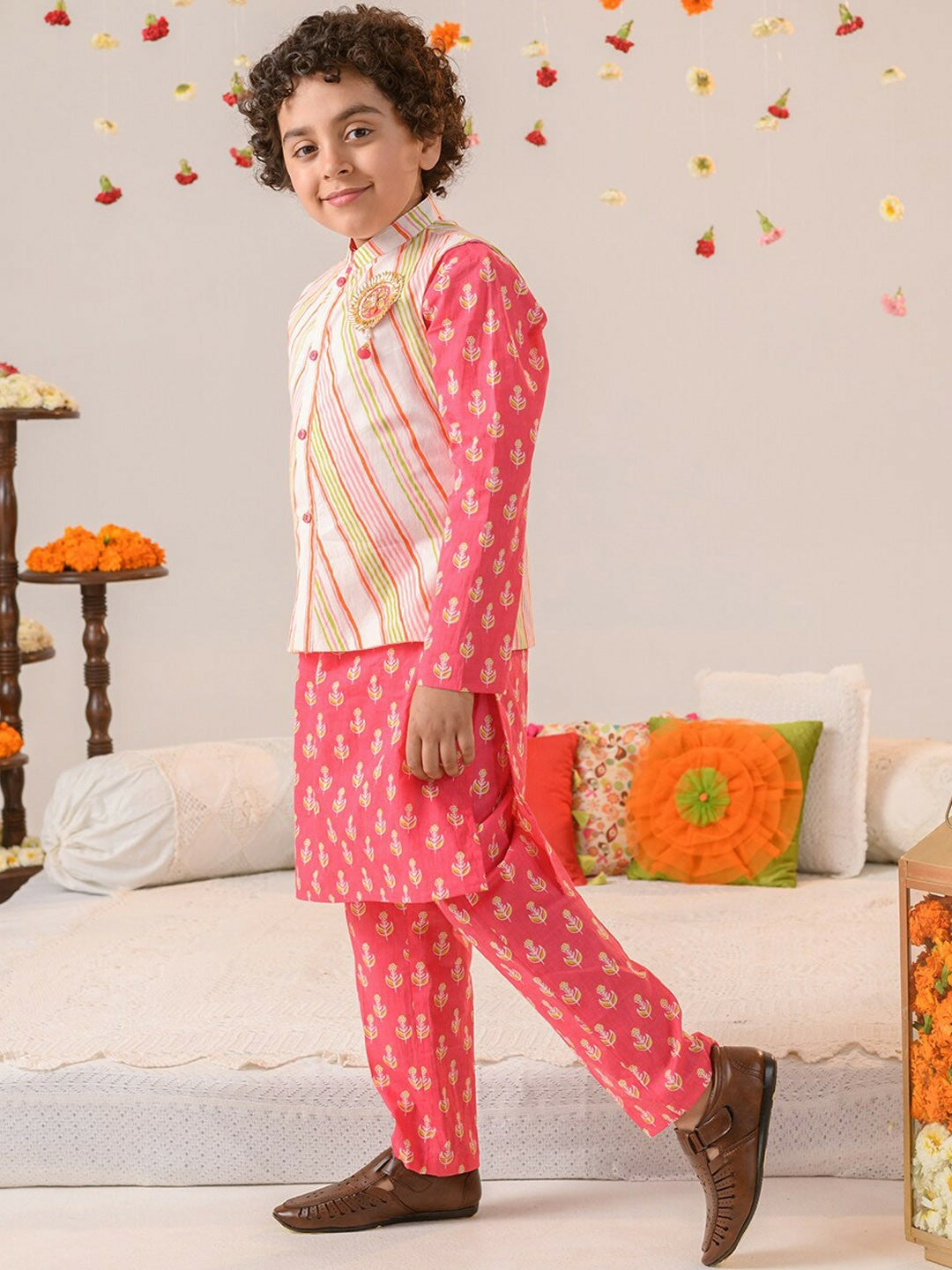 Pink Printed Kurta with Pyjamas & Nehru Jacket – Ethnic Wear for Boys | Pure Cotton